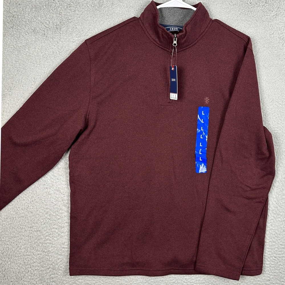 NEW IZOD Sweater Mens Large Quarter-Zip Burgundy Pullover Mock Neck Long Sleeve